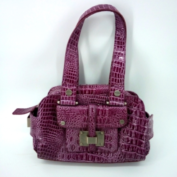 Jessica Simpson Faux Crocodile Purple Shoulder Bag Vegan Handbag Purse Gingham - Picture 15 of 15